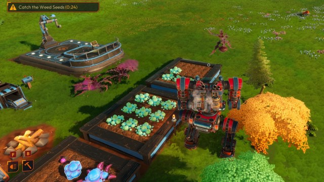 A Mech stopping some Weed Seeds in Lightyear Frontier.