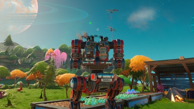 The player in a mech fighting off the weed seeds event in Lightyear Frontier.