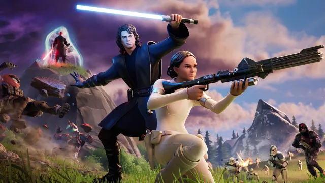 Anakin and Padme posing in front of a battle in Fortnite.