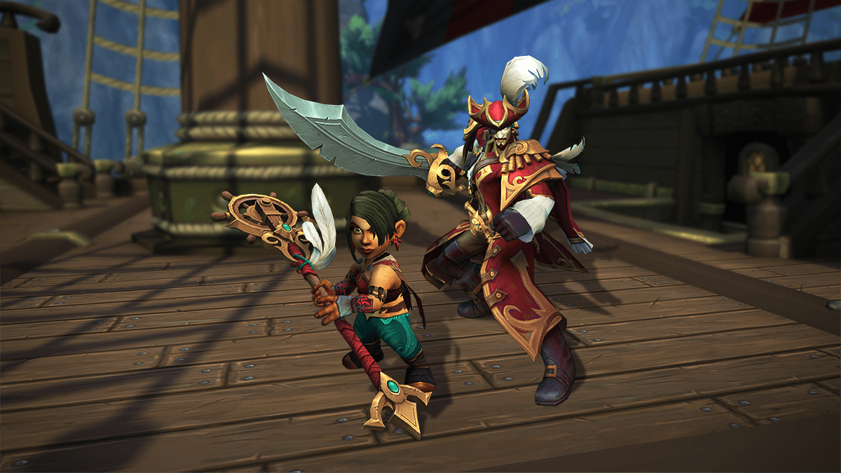 Two WoW players in dressed in pirate-themed clothing.