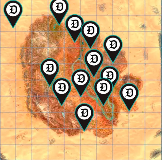 A map marking Procoptodon spawn locations in Ark: Survival Ascended Scorched Earth.