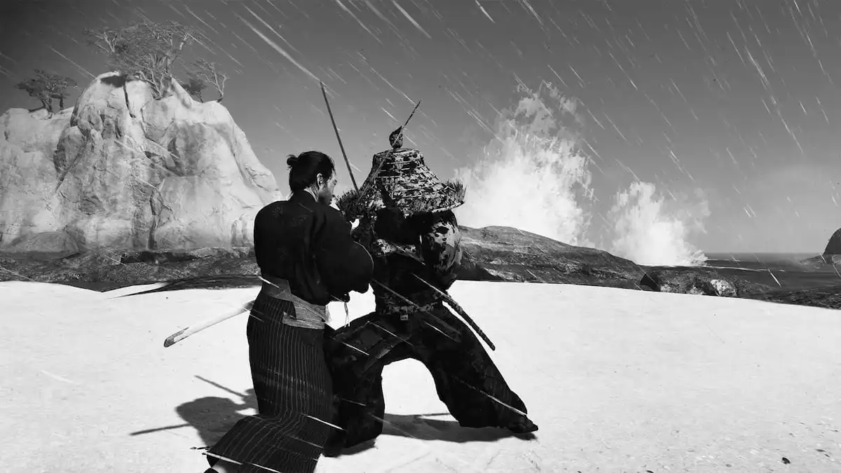Ghost of Tsushima showcasing Jin Sakai fighting another Samurai.