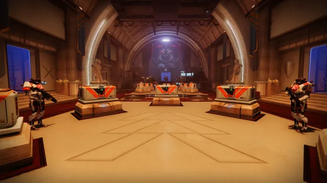 The Hall of Champions in Into the Light, with a few chests in the middle.