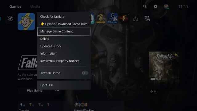 Fallout 4 options menu on PlayStation 5