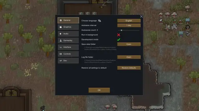 The main settings window of Rimworld is superimposed on a rainy grasslands map.