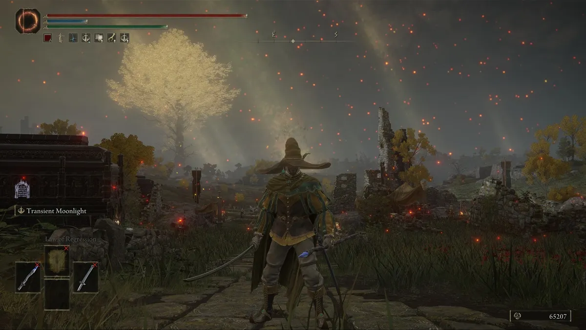 Player character holding the Moonveil and Carian Glintstone Staff weapons in Elden Ring.