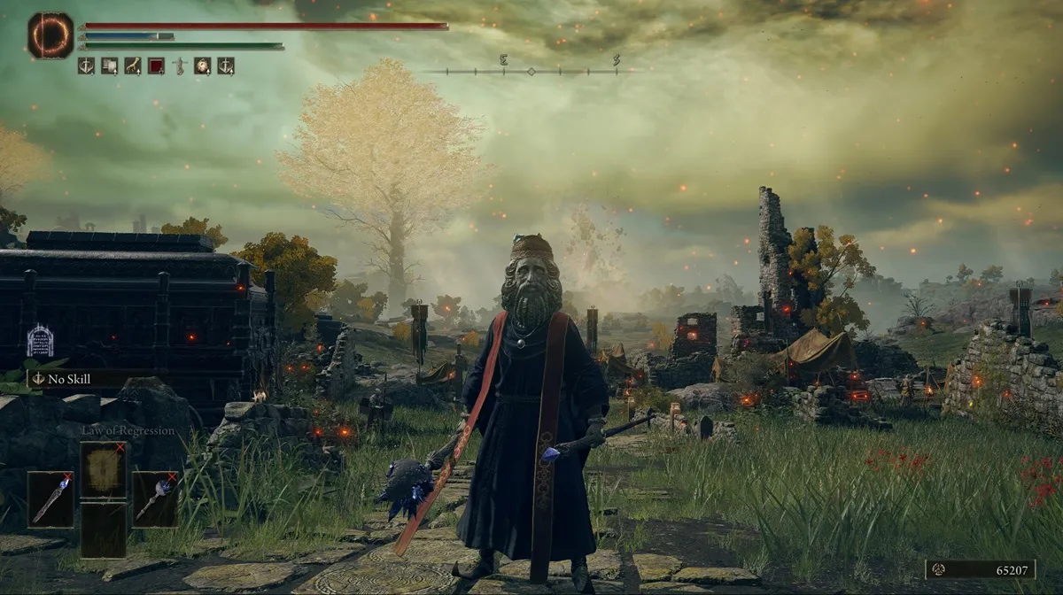 Player character looking at the camera wielding two staves in Elden Ring.