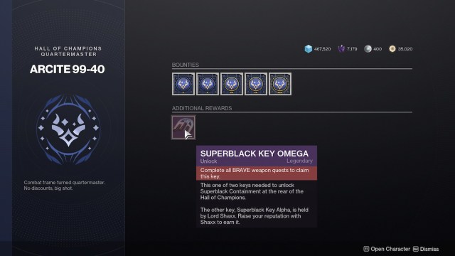 The Superblack Key Omega is located within Arcite 99-40's inventory, under the "Special Rewards" section.