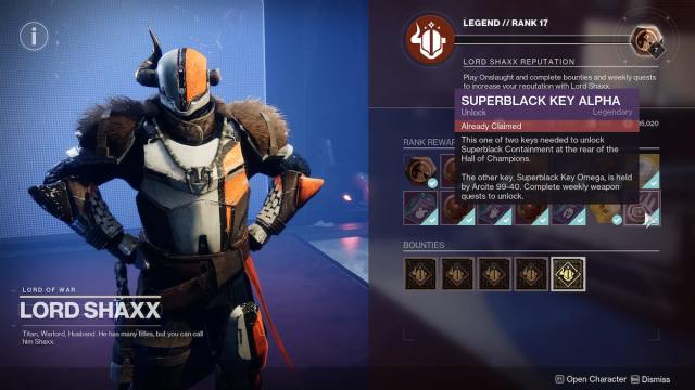 The Superblack Key Alpha is the last item on Lord Shaxx's reward track. You can't reset reputation with him, however.