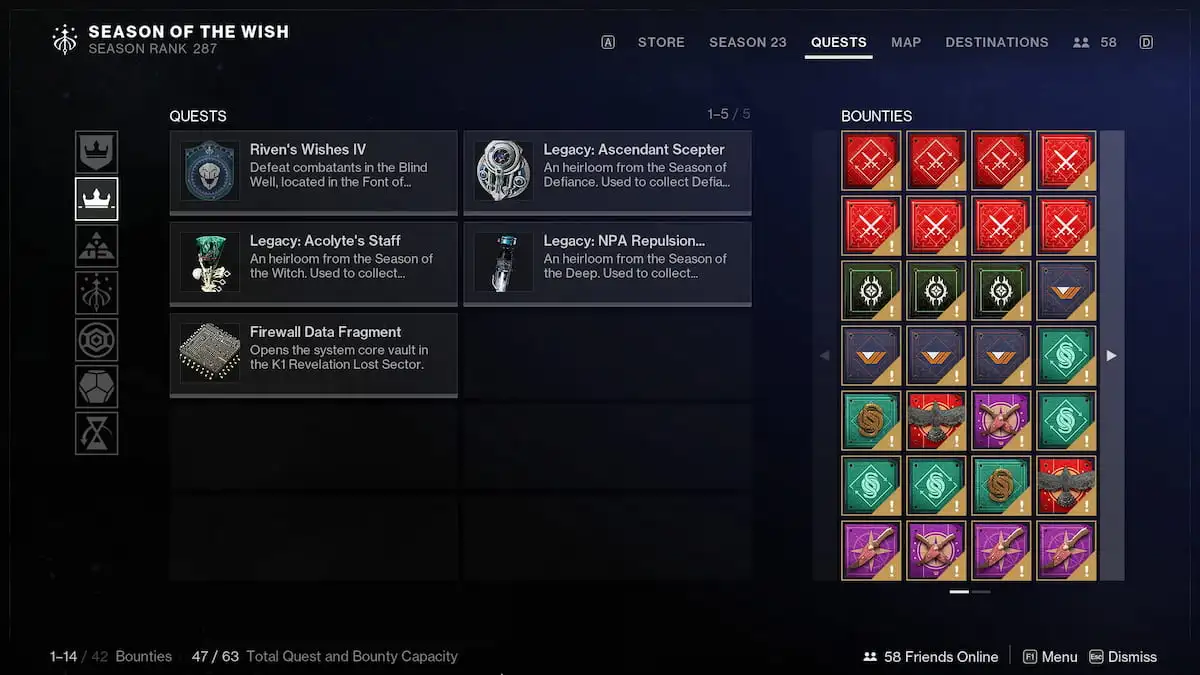 A guardian's quest inventory in Destiny 2 is filled with unredeemed bounties for multiple activities. The quest log lists five quests.