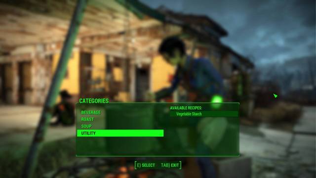 A Fallout 4 crafting menu is superimposed on a blurred background of a female vault dweller using a cooking station.