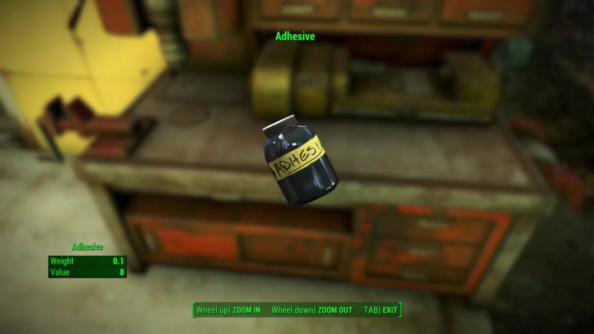 A bottle of Adhesive in the Workshop inventory in Fallout 4.