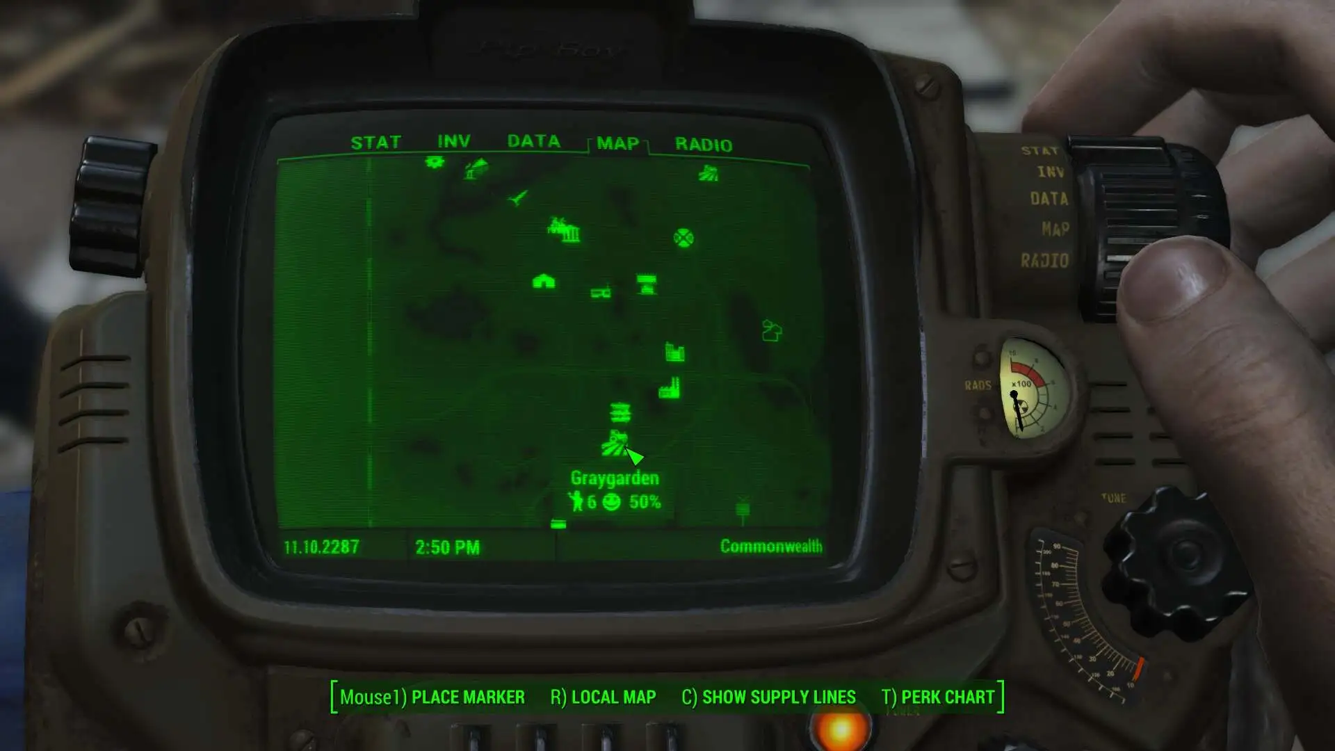 A retro Pip-boy screen displaying a map of the Commonwealth in Fallout 4.