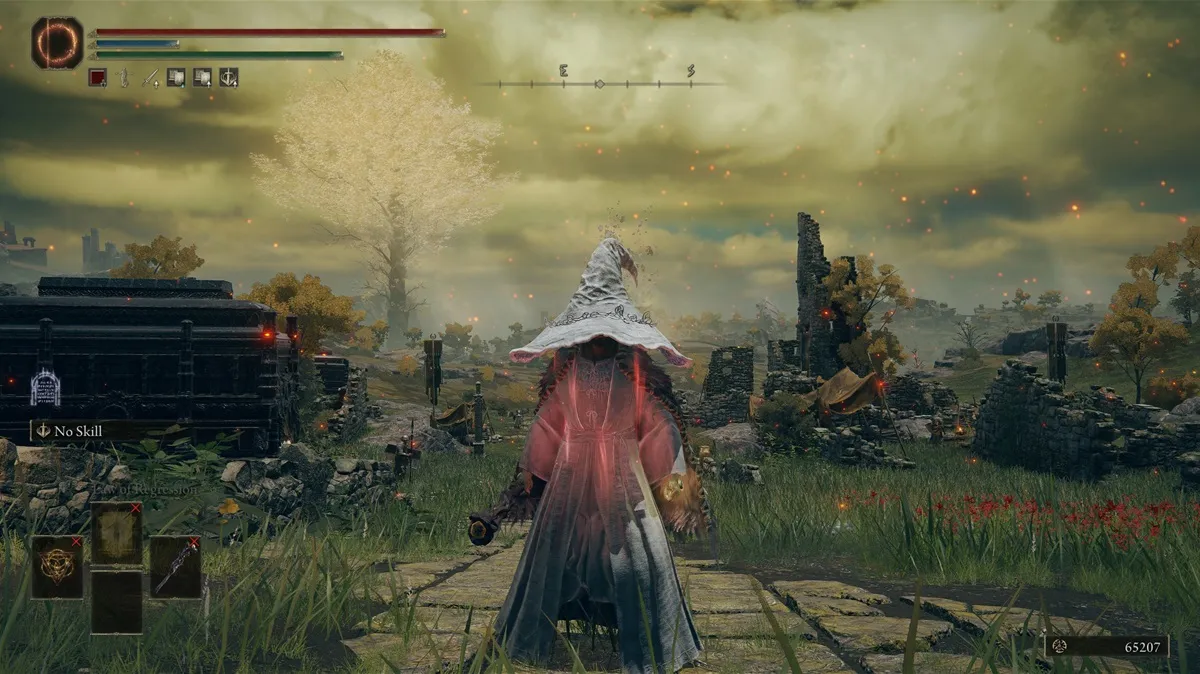 Player character holding the Prince of Death staff and Golden Order seal weapons in Elden Ring.