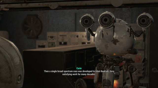 A slightly rusty, three-eyed robot named Curie is standing in a run-down room with retro research machines in Fallout 4.
