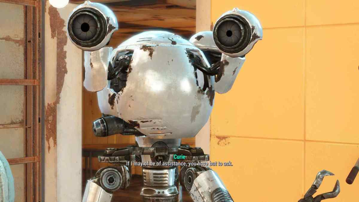 A slightly rusty, three-eyed robot named Curie offers her assistance in Fallout 4.