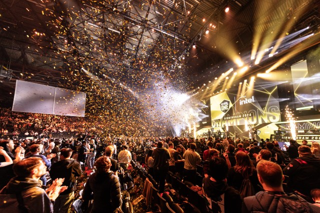 Gold confetti rains down over the ESL One Birmingham arena after Falcons win the trophy