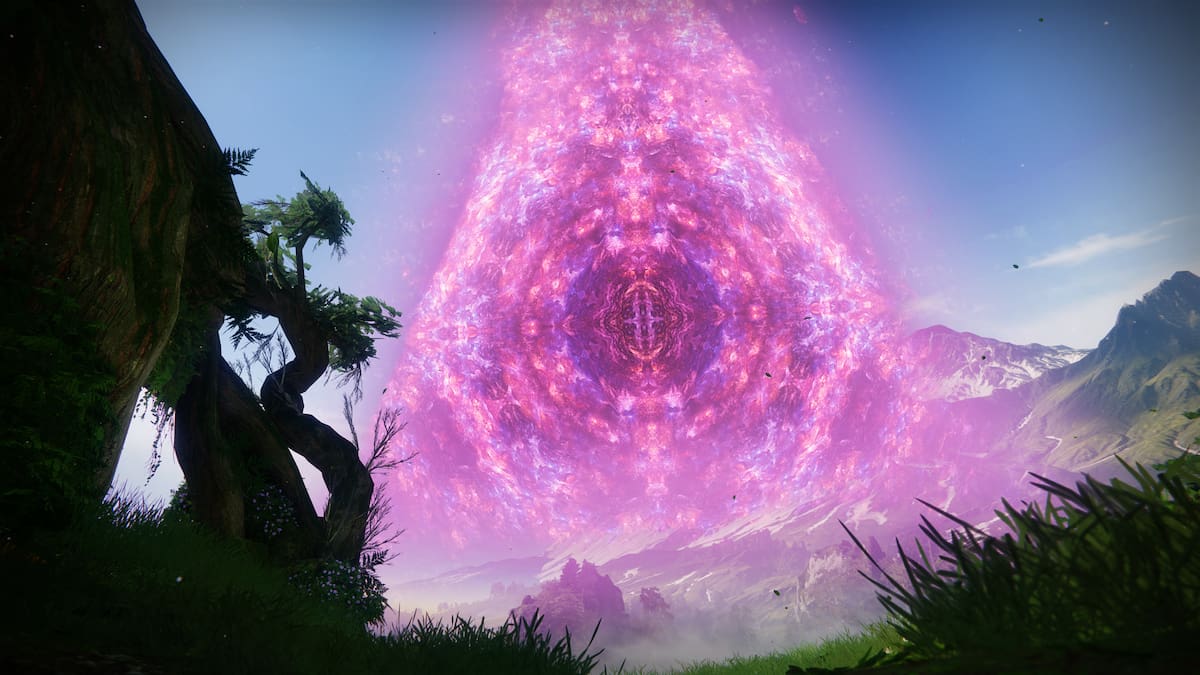 A shot of the Portal opened to the Traveler, as seen from inside the Traveler's Pale Heart. This image shows a wooded area.
