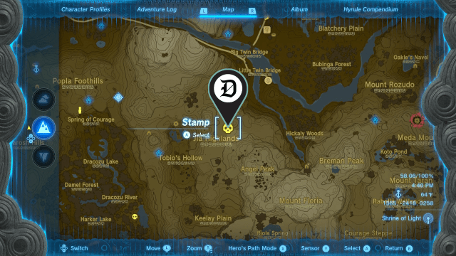 A section of the map from The Legend of Zelda: Tears of the Kingdom with a map marker on the Jia Highlands.