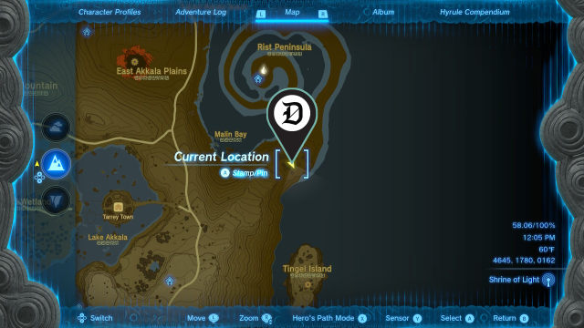 A section of the map from The Legend of Zelda: Tears of the Kingdom with a map marker near the Rist Peninsula.