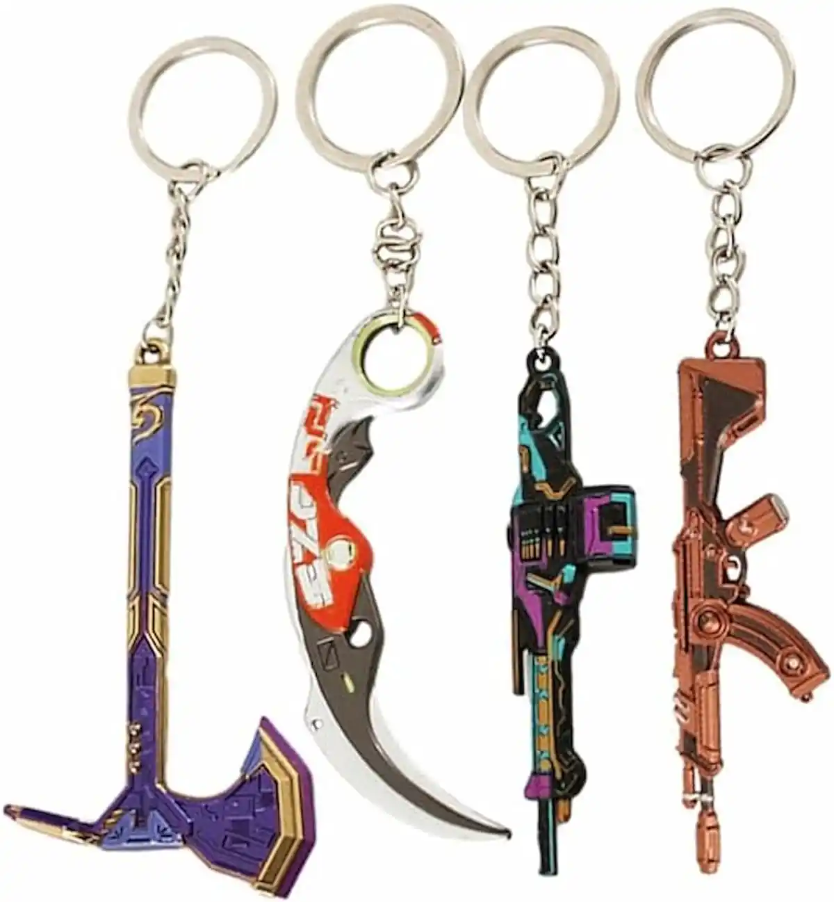 An image of four Valorant weapon keychains. 