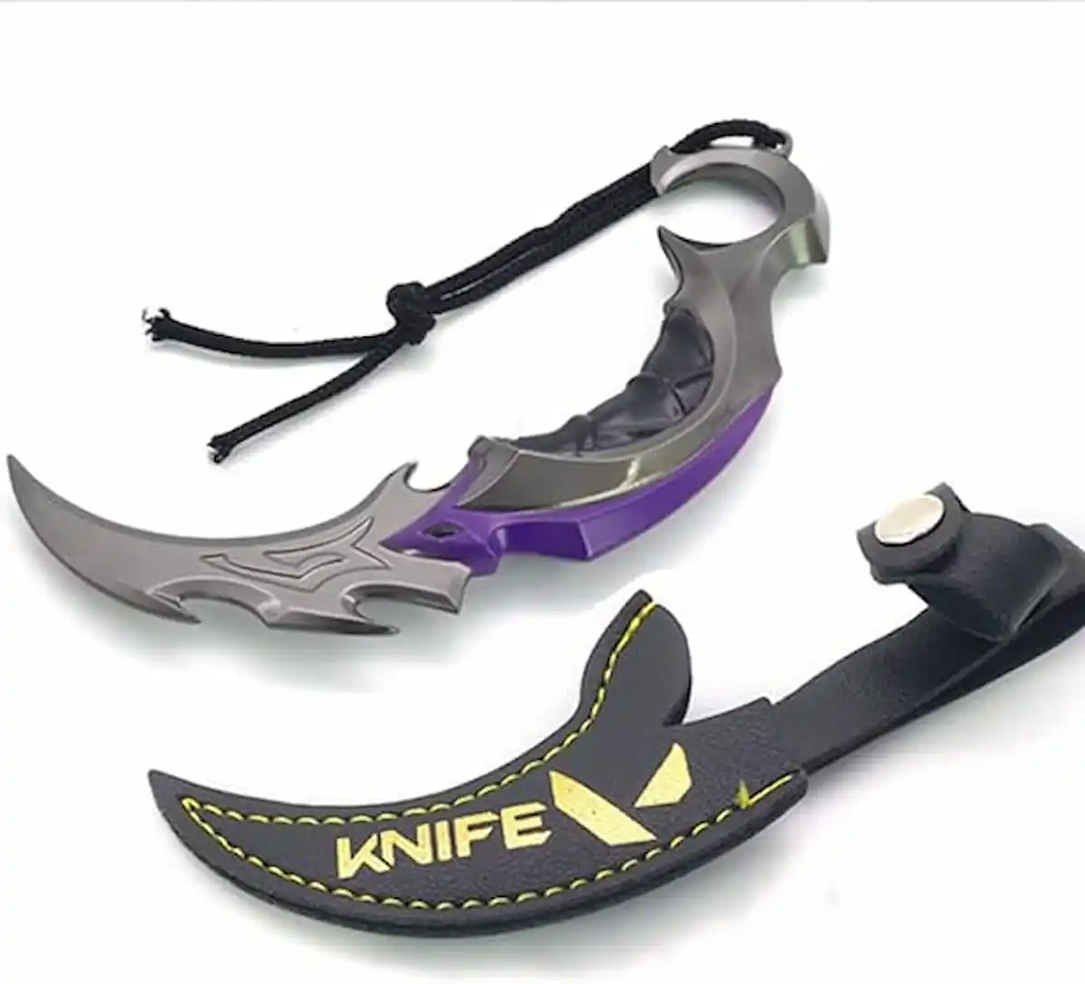 An image of a model of the Reaver Karambit knife from Valorant. 
