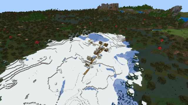 Une vue aérienne du point d'apparition enneigé mélangé à un marécage dans la graine Minecraft -6412036905525137135.