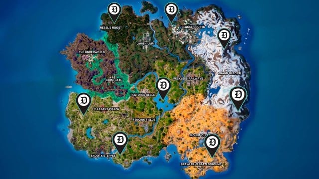 All Elemental Shrine locations on the Fortnite map.