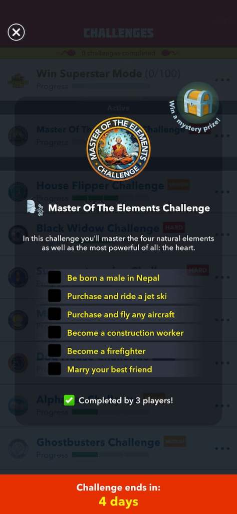 All Master of the Elements Challenge tasks in BitLife