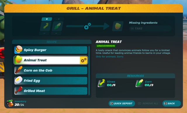 Animal Treat recipe in LEGO Fortnite