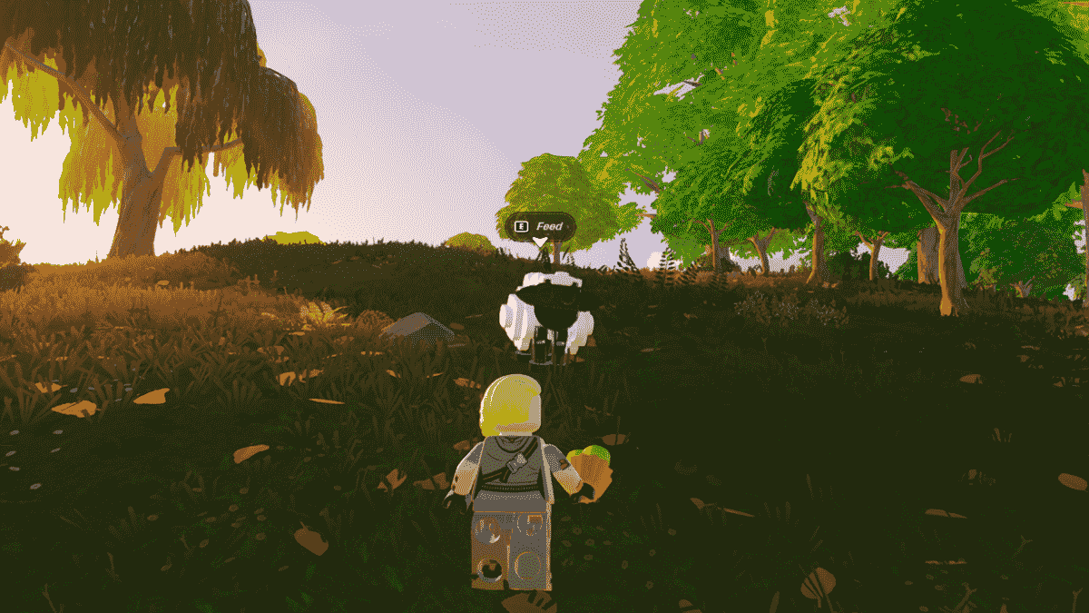 Player standing in front of a Sheep, holding an Animal Treat in LEGO Fortnite