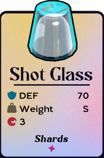An in-game image of the Shot Glass from Another Crab's Treasure, showing the stats of the Shot Glass shell
