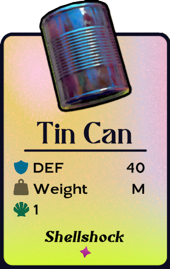 An in-game image of Tin Can from Another Crab's Treasure, showing the stats of the Tin Can shell