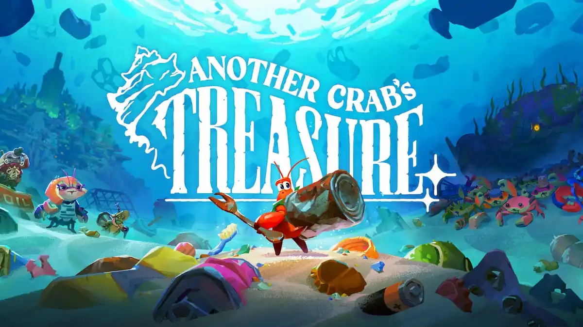 The promotional art for Another Crab's Treasure, featuring Kril wearing a soda can as a shell and turning towards the camera.