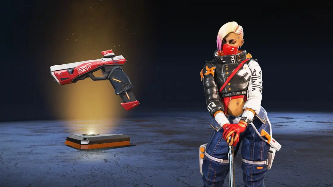 A Loba skin featuring a red facemask and wolf-print jacket, with matching RE-45 skin.