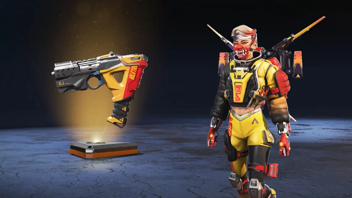 A yellow and red Valkyrie skin featuring a devil facemask and matching Alternator.