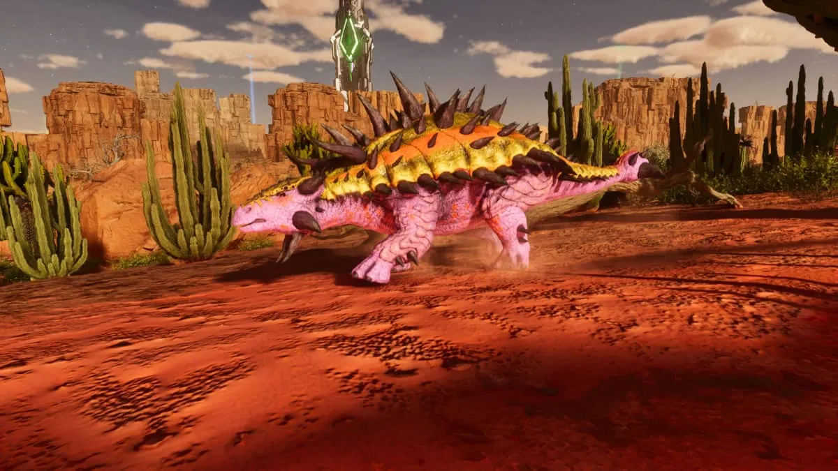 An Ankylosaurus walking in Ark: Survival Ascended Scorched Earth.