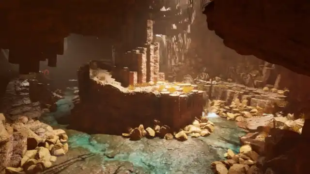 An Oasis inside a lava cave in Ark: Survival Ascended's Scorched Earth.