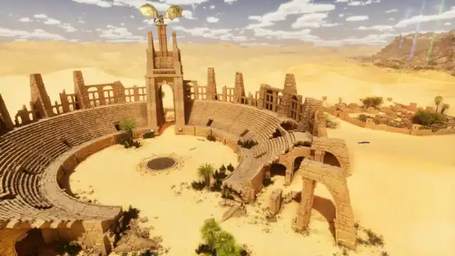 An arena surrounded by desert in Ark: Survival Ascended Scorched Earth.