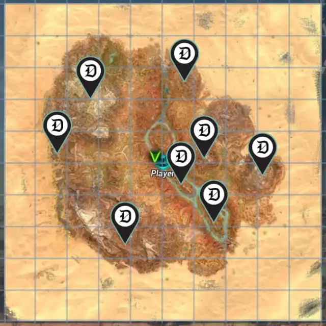 A map of Scorched Earth in Ark: Survival Ascended with Crystal locations marked.