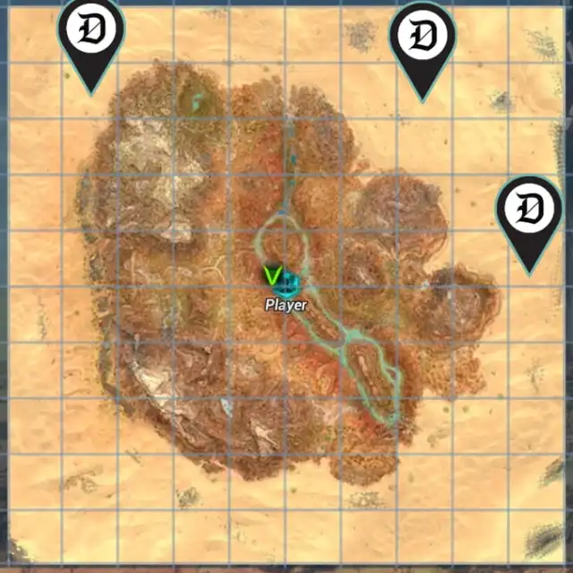 A map of Scorched Earth in Ark: Survival Ascended with Deathworm locations marked.