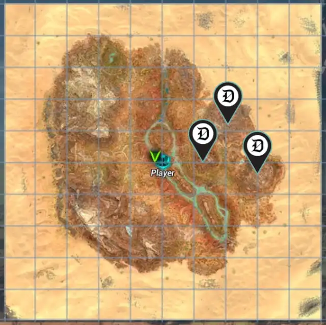 A map of Scorched Earth in Ark: Survival Ascended with Oil Node locations marked.