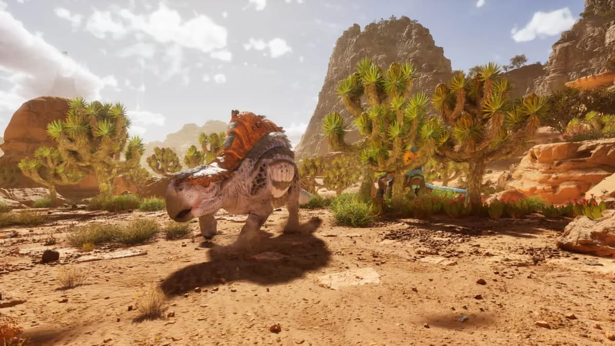 A Morellatops walking across the sand in Ark: Survival Ascended Scorched Earth.