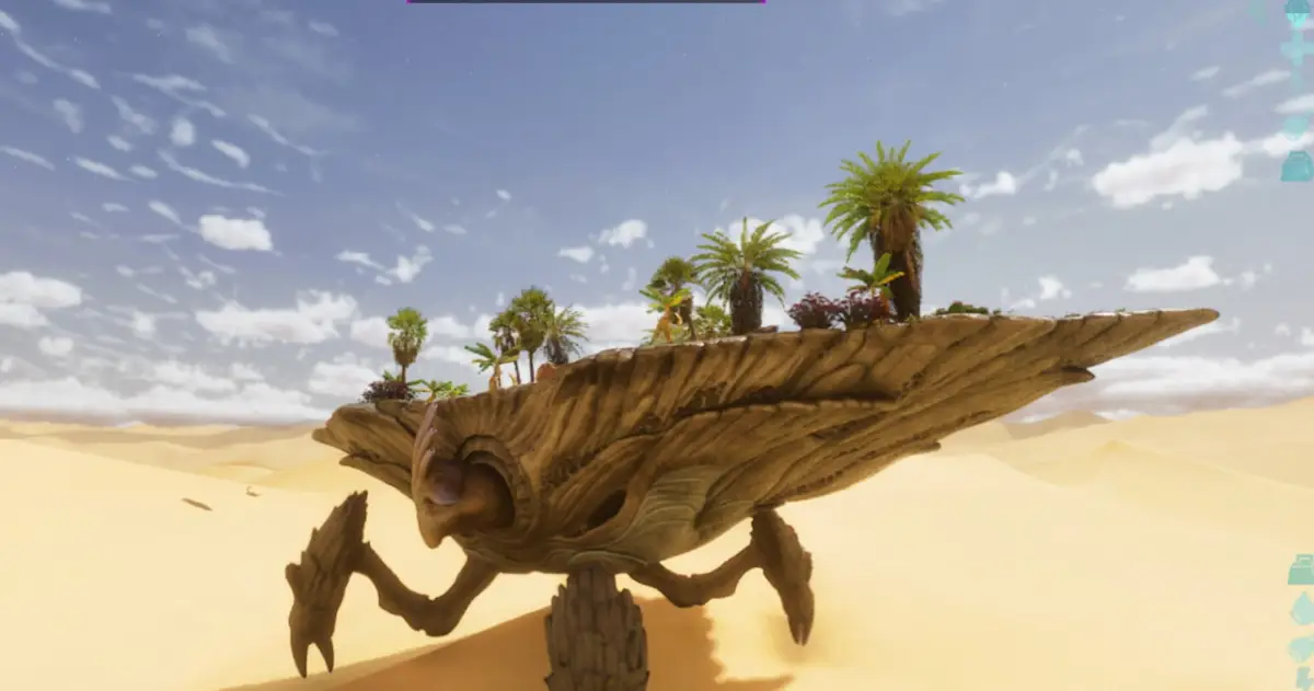 A tamed Oasisaur being ridden by a player in Ark: Survival Ascended.