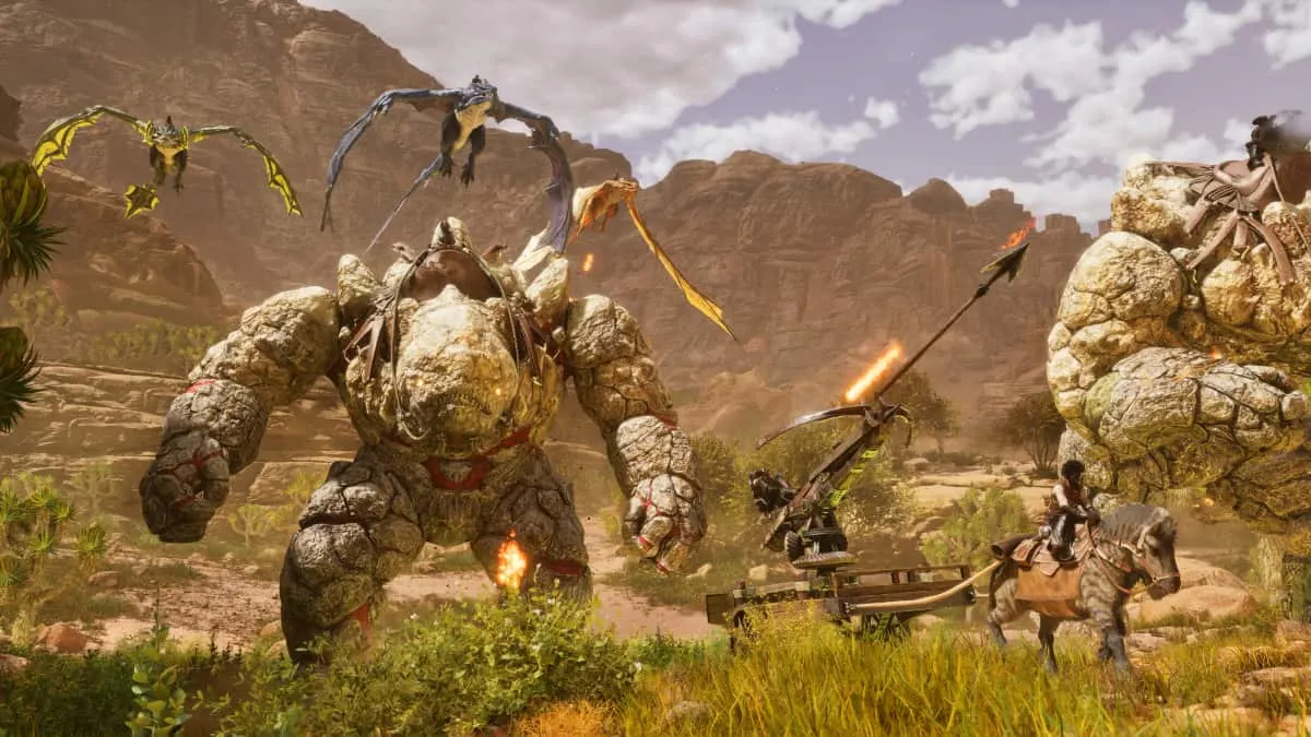 Players battling in Ark: Survival Ascended's Scorched Earth map and riding Rock Elementals.