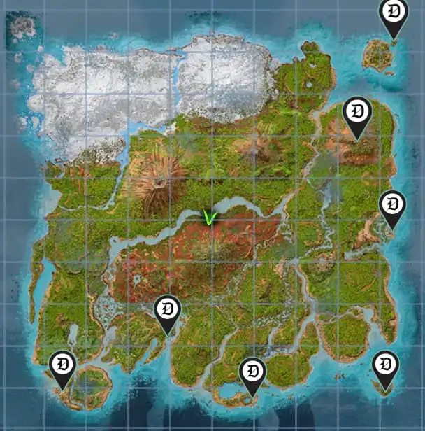 A map of The Island in Ark: Survival Ascended with locations marked.