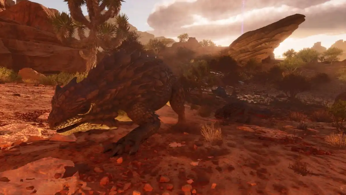 A Thorny Dragon walking alongside its baby in Ark: Survival Ascended Scorched Earth.