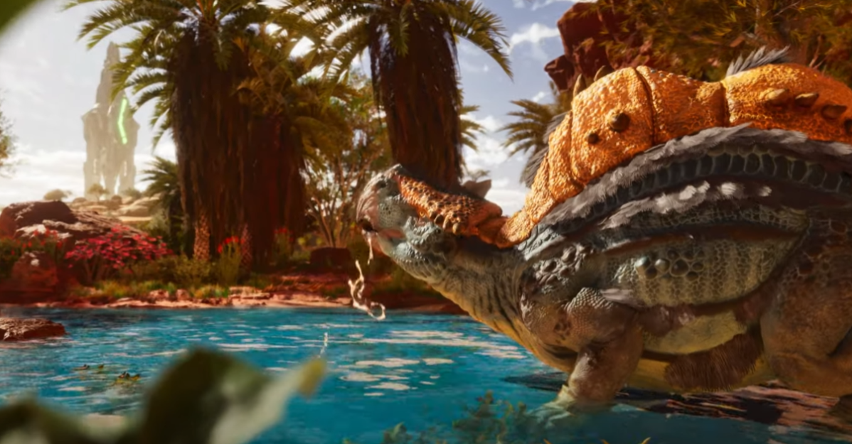 A dino drinks water in Ark: Survival Ascended