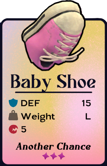 A pink, upside-down baby shoe with white laces and soles. 