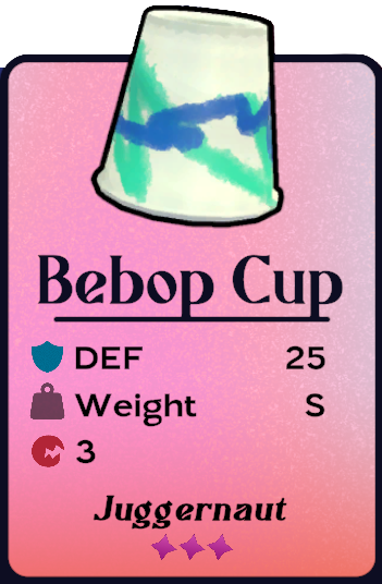 A bebop cup, an upside-down paper cup with a blue and green swirly design.